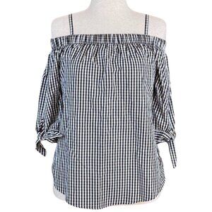 IZ BYER BLACK AND WHITE GINGHAM OFF SHOULDER TOP, SIZE M